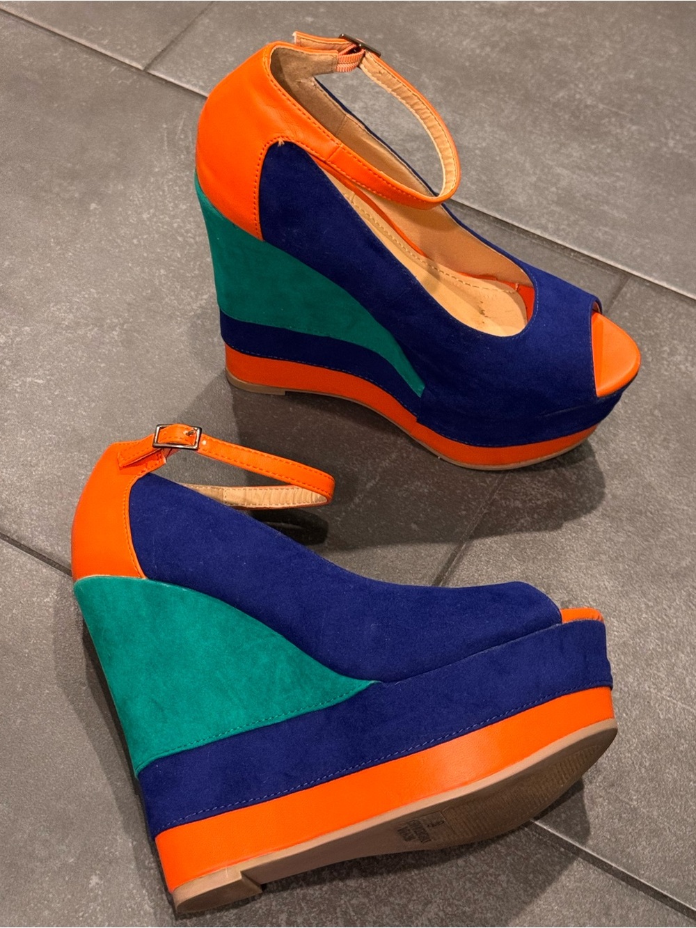 Alba Blue, Green & Orange Colorblock Wedge Peep-Toe Ankle Strap Heels